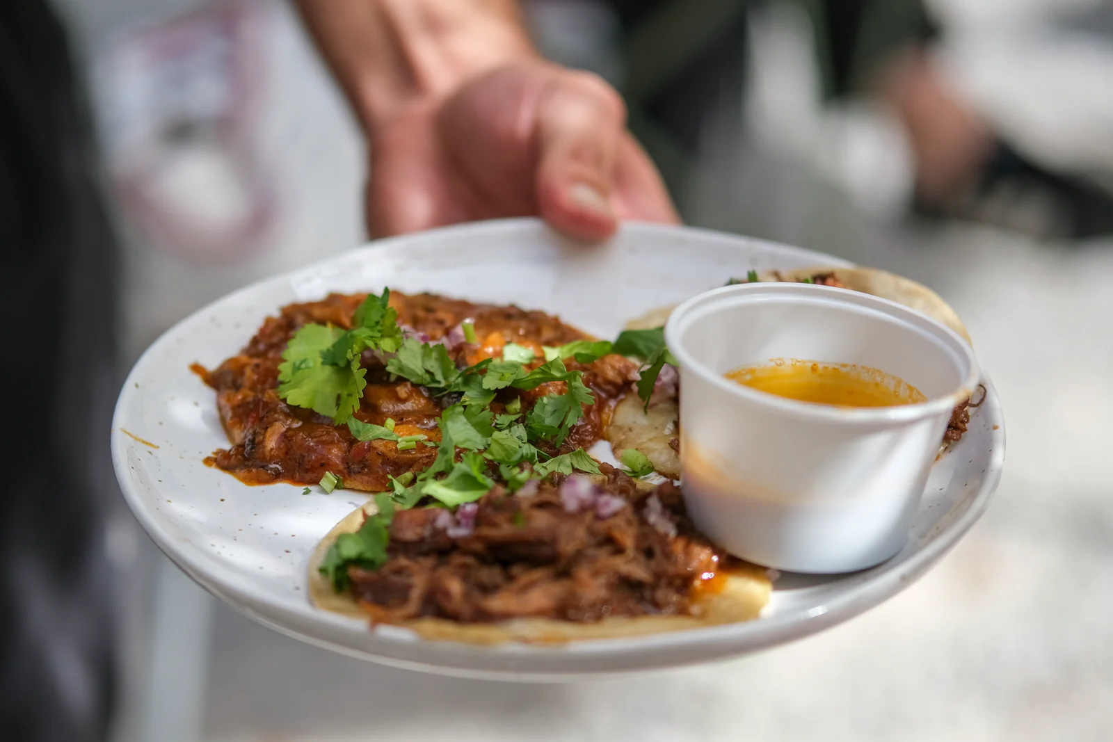 Birria-Tacos mit Zwiebeln, Koriander und Consomé